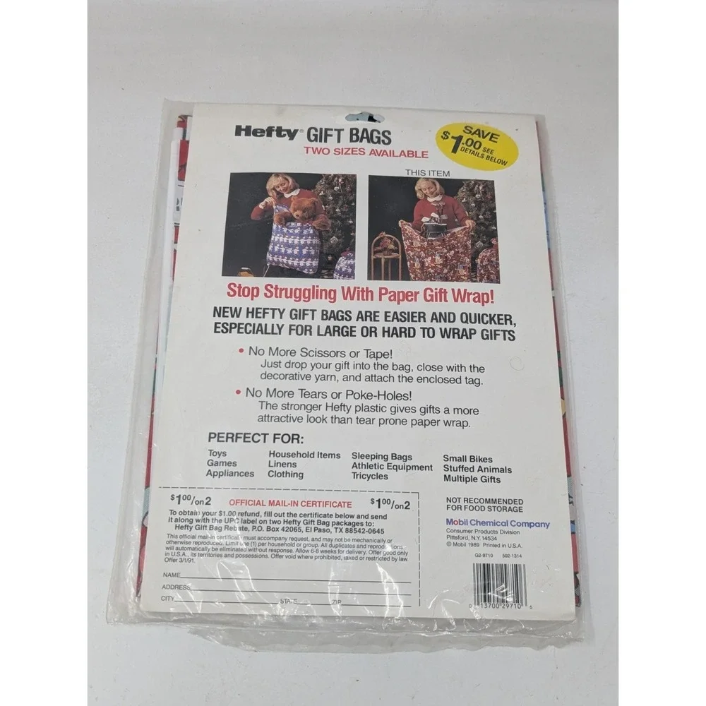 Vintage 1989 Hefty Extra Large Christmas Gift Bag Santa Claus 80s 1980s NEW OLD